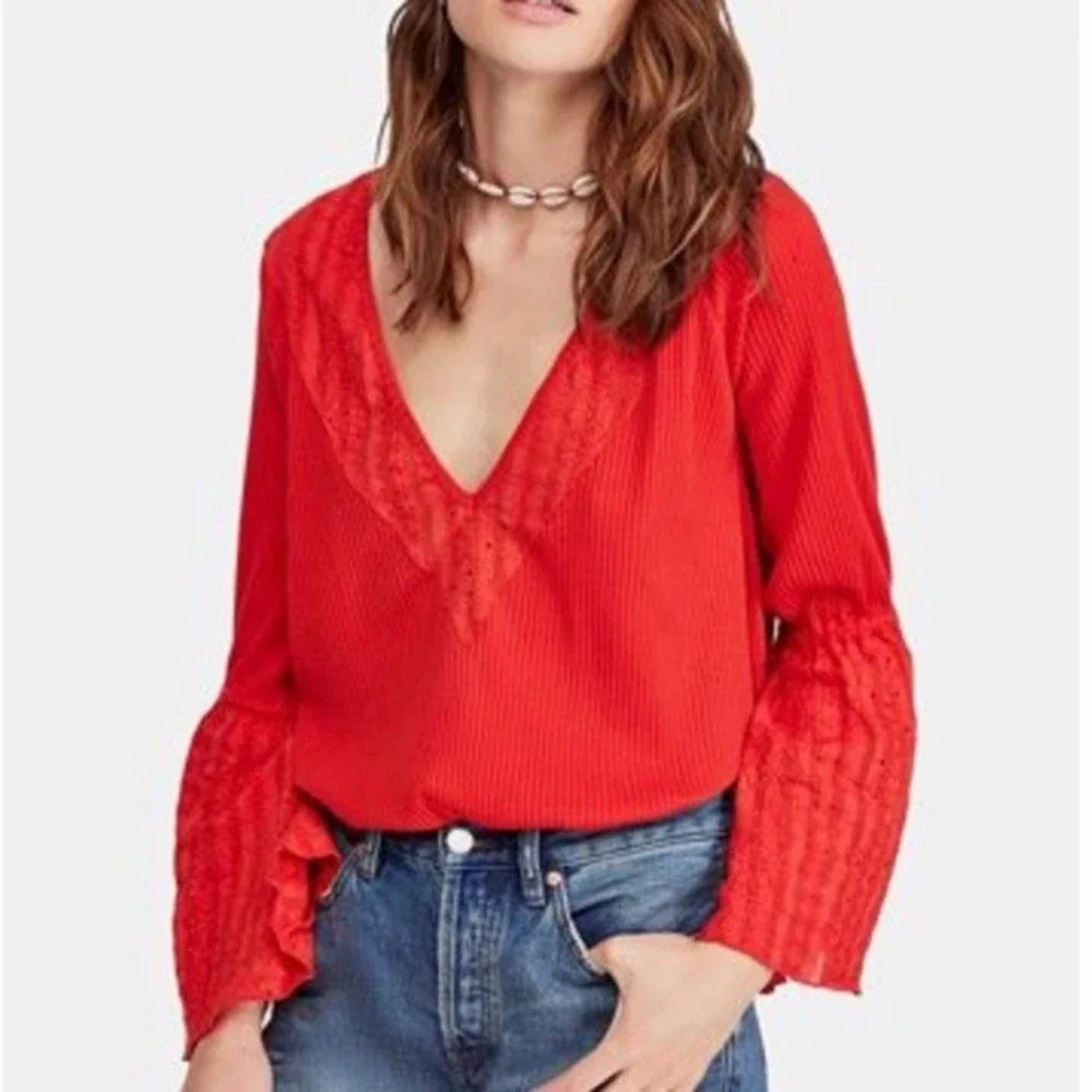 Free People Top Bell Sleeve Eyelet Lace Blouse Top Bright Red Boho Small